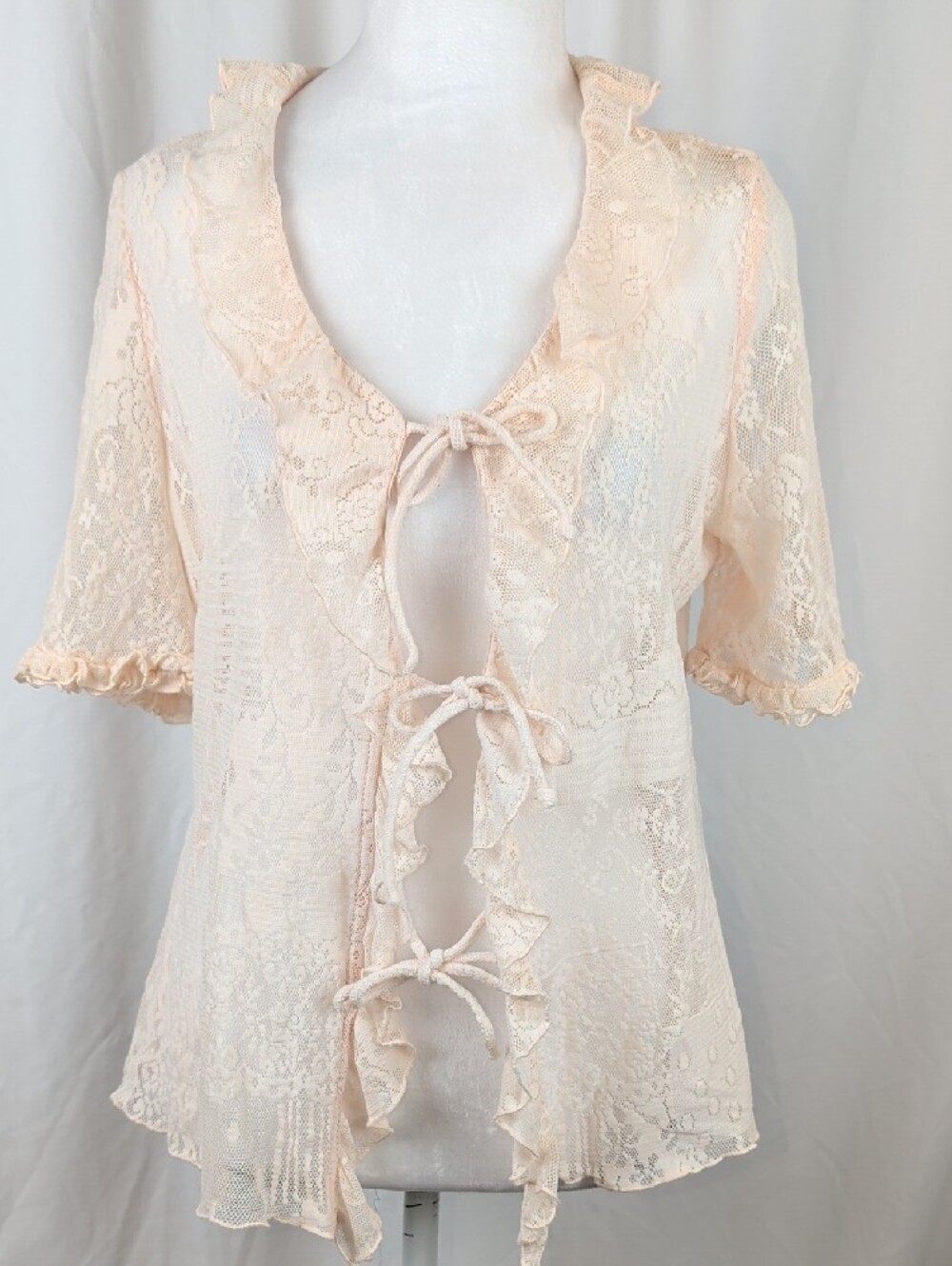 À La Une Pastel Pink Lace Ruffle Tie Front Coquette Cardigan Top Medium - Picture 8 of 15